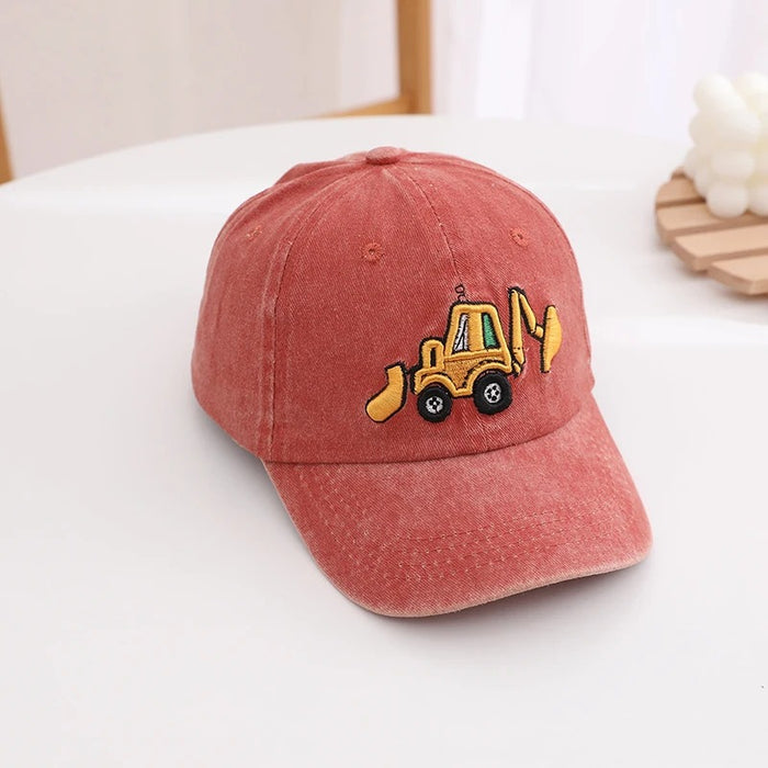 Wholesale Retro Cartoon Excavator Print Washed Cotton Baseball Cap Adjustable Sun Hat For Summer Casual Gift
