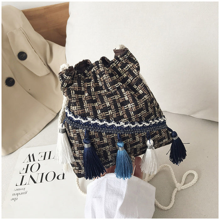 Wholesale Cotton Bucket Bag with Tassel for Women Ethnic Style