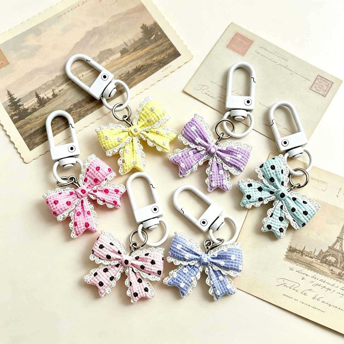 Wholesale Stylish Blue Polka Dot Butterfly Bow Keychain Bag Charm Fresh Style Girls Gift Boutique Resale