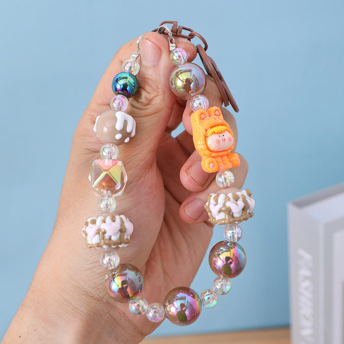 Wholesale Acrylic Bead Keychain Cute Cartoon Pink Phone Strap Decorative Accessory MOQ≥2