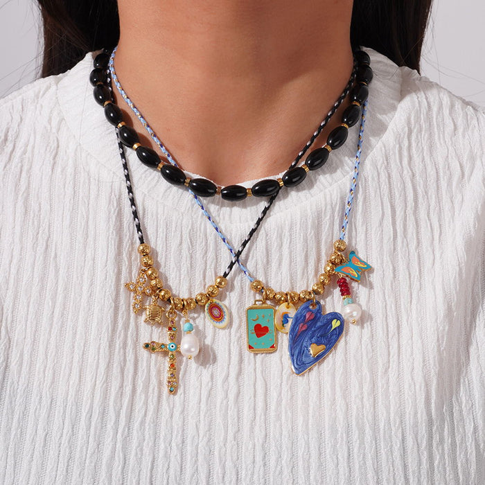 Wholesale Zircon Cross Necklace Natural Stone Neck Chain Stainless Steel Heart Necklace