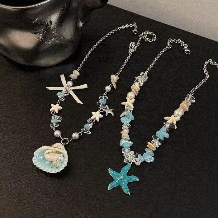 Wholesale Seaside Cute Pearl Shell Starfish Beaded Necklace Blue Plated Alloy Collarbone Chain