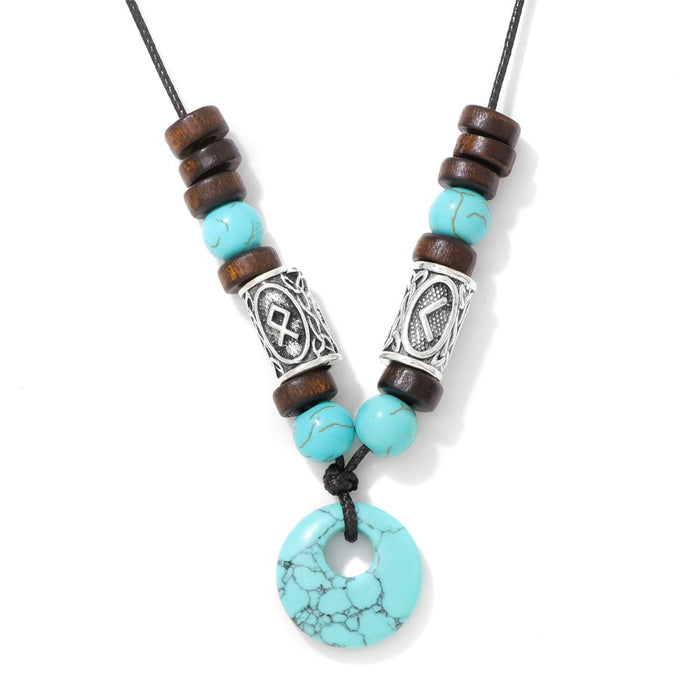 Wholesale Viking symbol necklace with stone pendant safety clasp and wooden beads