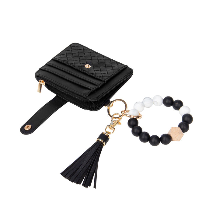 Wholesale leather PU tassel card holder silicone bracelet wrist keychain pendant bracelet key ring