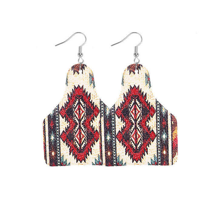 Wholesale Retro Western Cowboy Old Style Flower Bull Head Ethnic Style Print Women' s Leather Earrings