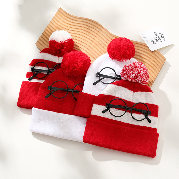 Wholesale  Hat Woolen Christmas Knitted Hat Red and White Christmas Hat Fur Ball Knitted Hat Red and White Hat Glasses