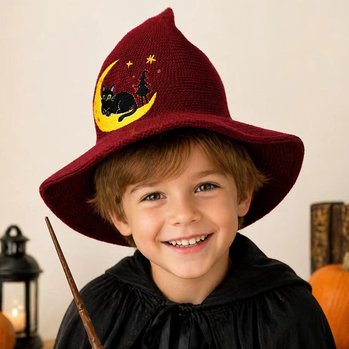 Wholesale Trendy Children' s Witch Hat Knitted Cotton Large Brim Sun Protection Wine Red