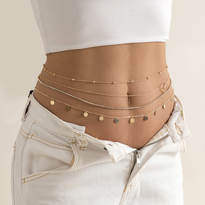 Wholesale Sexy multi-layer tassel sequin metal chain waist chain street racket rhinestone heart body chain