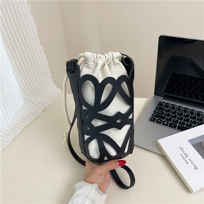 Wholesale  Autumn Street Style Hollow Cylinder Drawstring Bag Black P. U.  Medium Fashion Accessory