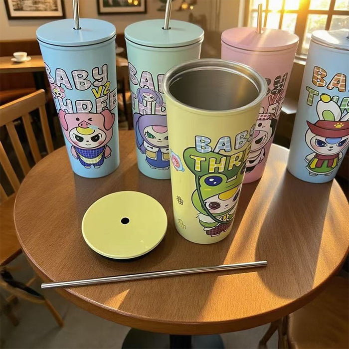 Wholesale Random Cartoon thermos cup stainless steel coffee cup high value large capacity cold cup portable straw water cup