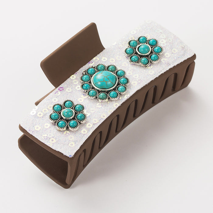 Wholesale Antique Silver Alloy Turquoise Accessories Western Style Leopard Print Sequin Leather Hairpin JDC-HC-HM005