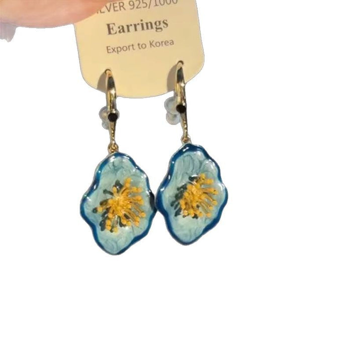 Wholesale Retro irregular blue flower earrings with oil painting feeling, floral bud high-end feeling, earrings for women