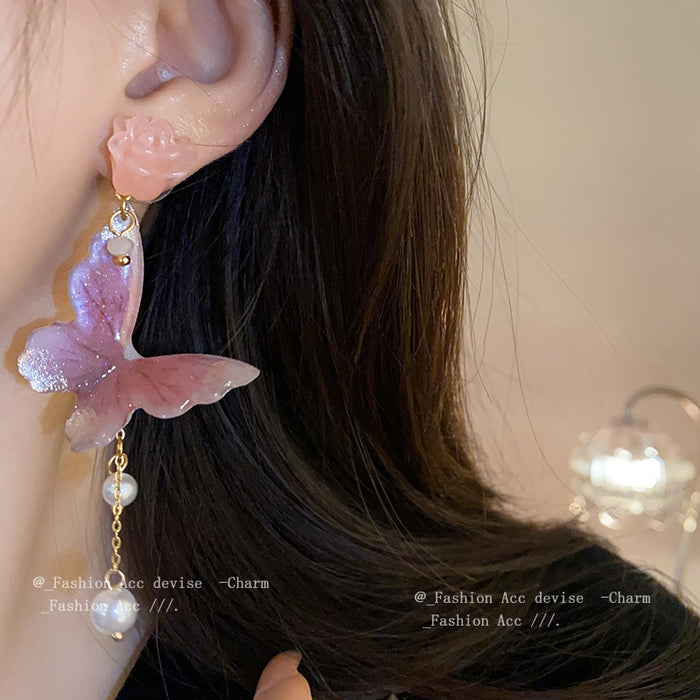 Wholesale Silver Needle Flower Butterfly Pearl Tassel Earrings JDC-ES-HuiHe012