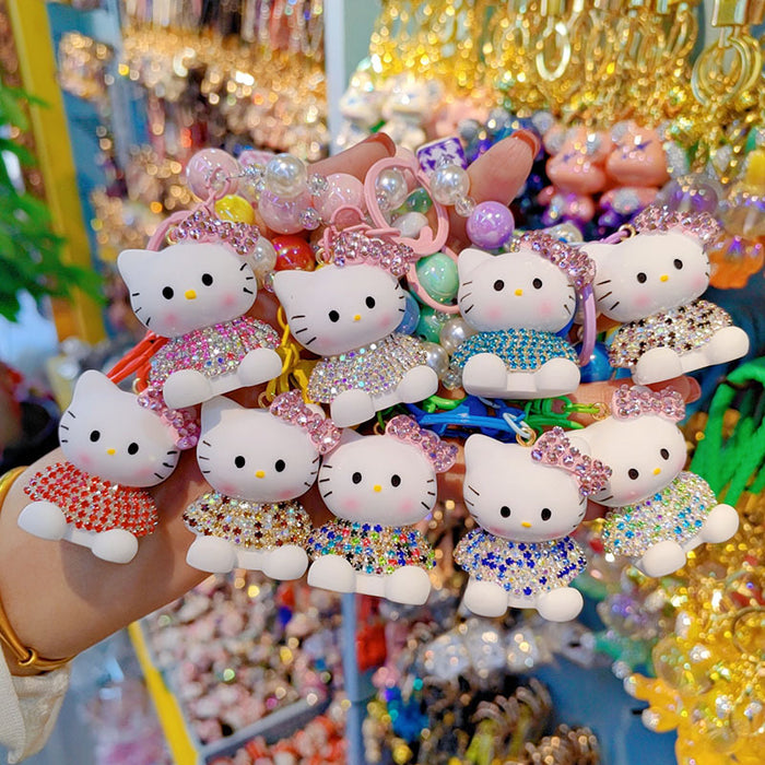 Wholesale Czech Rhinestone Cartoon Cat Keychain Cute Ladies Beaded Bag Charm Phone Pendant Car Key Accessory