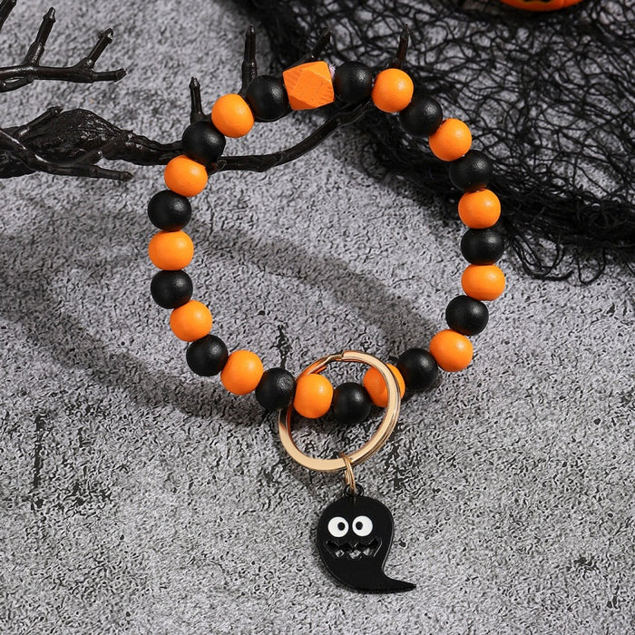 Wholesale Halloween Day Bracelet Halloween Pumpkin Wooden Beaded Keychain JDC-KC-RongRui030