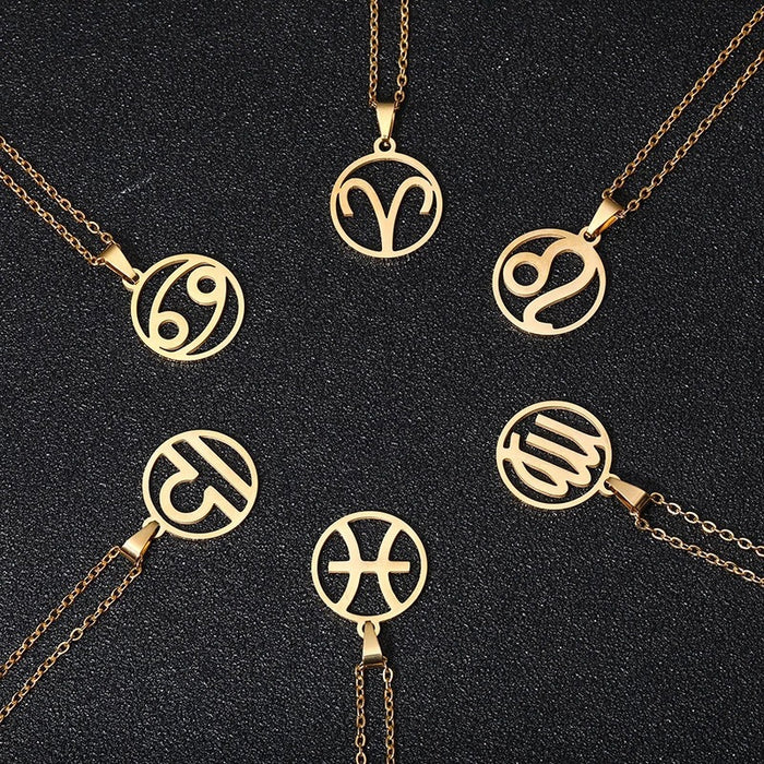 Wholesale Titanium Steel Simple Hollow Pendant 12 Constellation Necklace JDC-NE-Xinx008