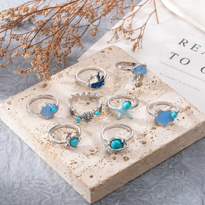 Wholesale Vintage marine dripping turquoise 9 PCs ring set
