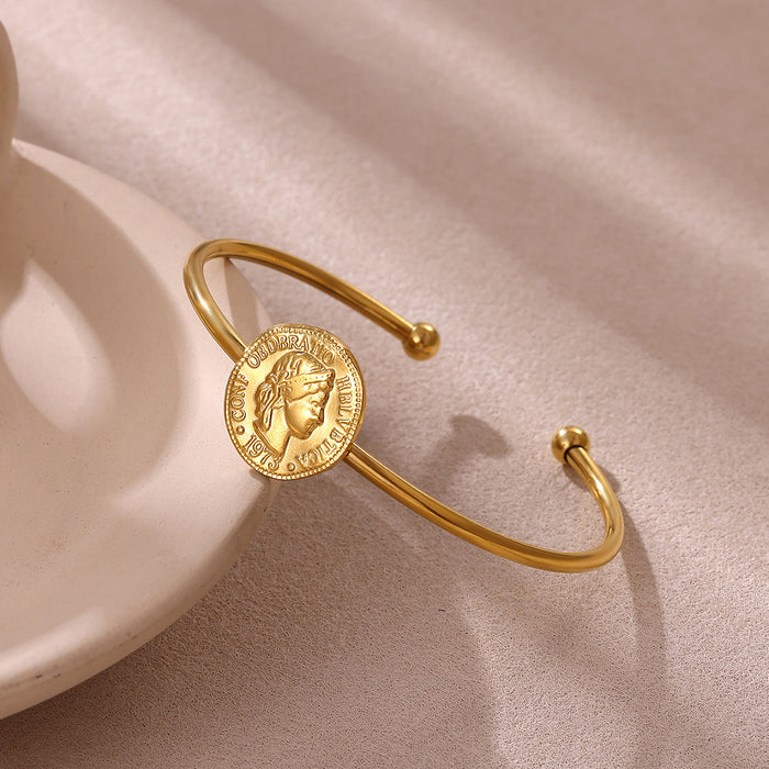 Wholesale Portrait coin 18K gold bracelet stainless steel jewelry small figure round pendant tag