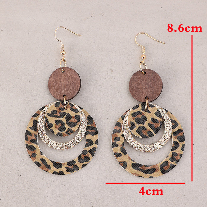 Wholesale New retro style three-layer leopard print sequin ring leather earrings and earrings wholesale