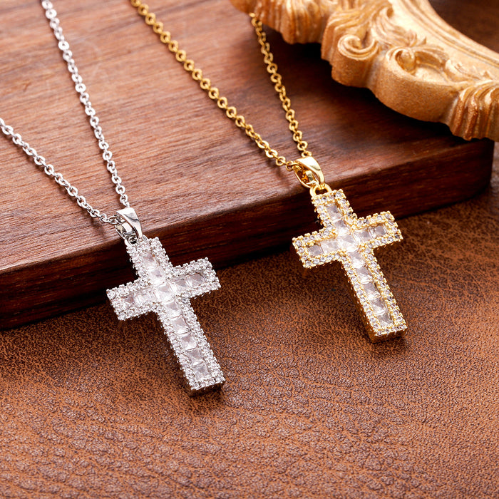 Wholesale Retro punk cross necklace, personalized zircon, niche titanium steel cross pendant, full zirconia collarbone necklace