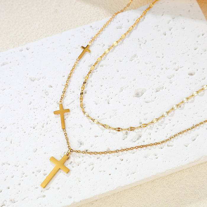 Wholesale Elegant Cross Necklace Stainless Steel 18K Gold Plated Double Layer Chain Trendy Layering Jewelry Accessory For Women Party Gift Boutique