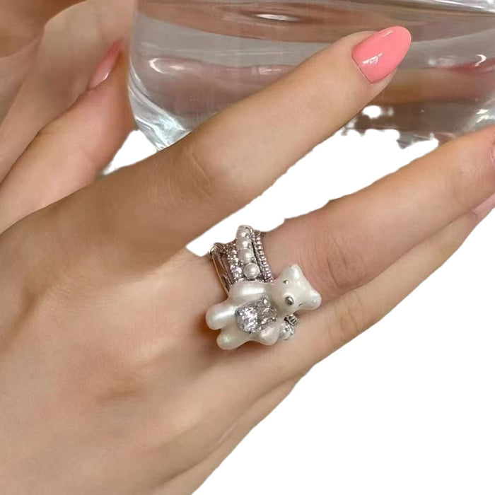 Wholesale Cute little bear imitation pearl ring, niche design, high-end fashion, versatile index finger ring
