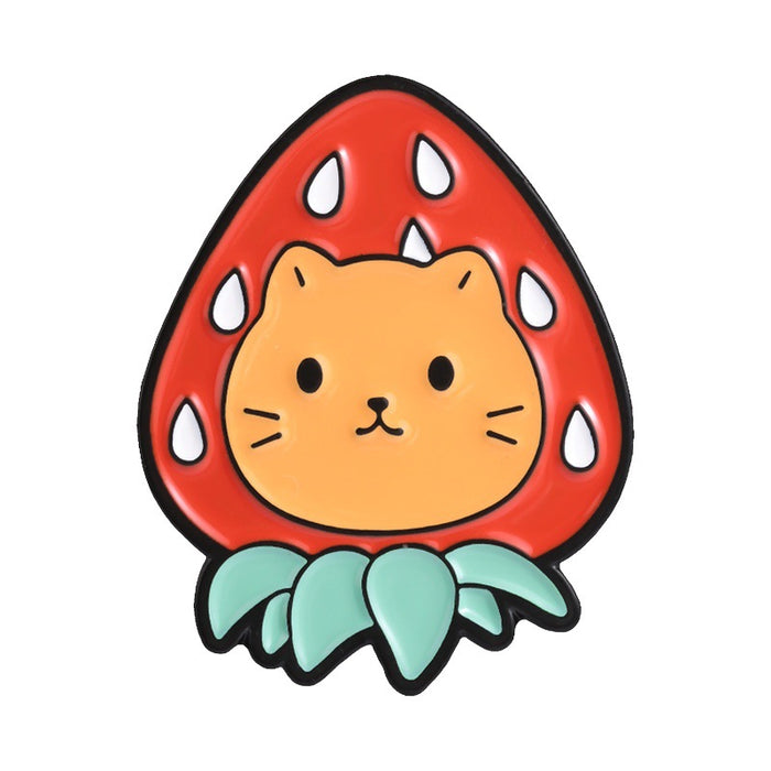 Wholesale Cute Cat Strawberry Fruit Metal Brooch Pin For Girls Holiday Gift