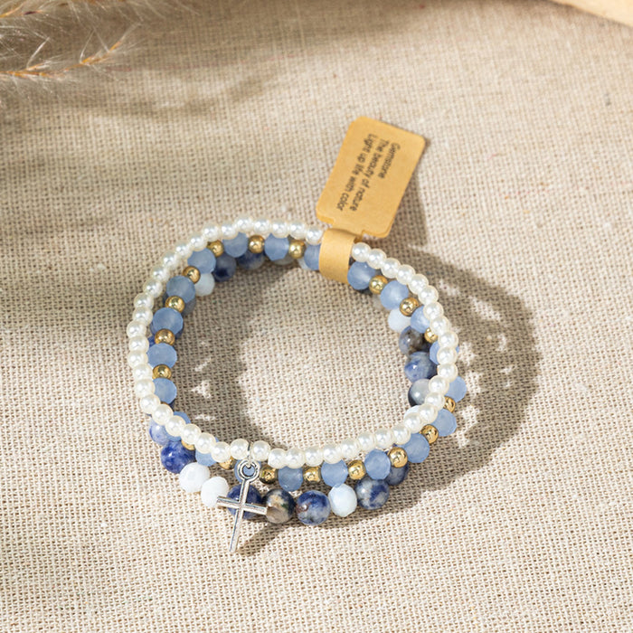 Wholesale Bohemian Color Stone Bracelet Cross Pendant Multi-Layer Stacked Bracelet