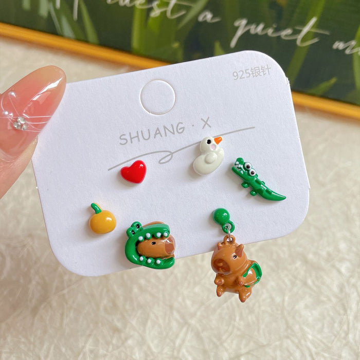 Wholesale  Cartoon Cute Earrings Three-piece Set Women's Silver Needle Children's  Beaver Earrings