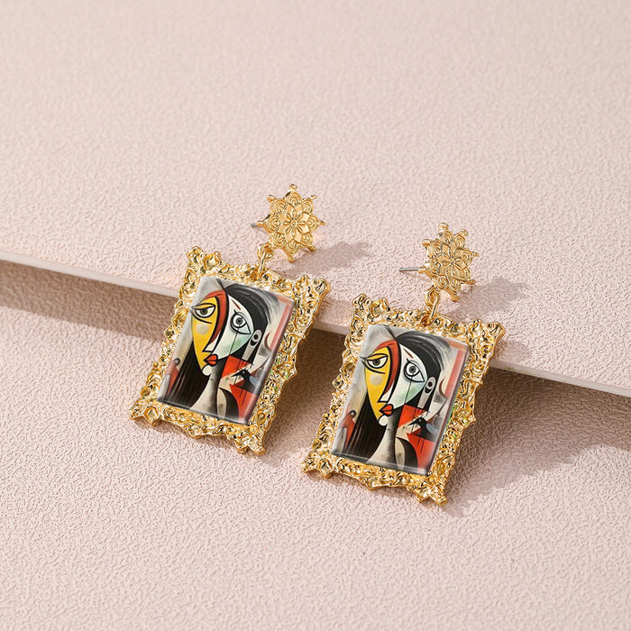Wholesale Retro gold frame earrings abstract woman famous painting exaggerated earrings crying woman earrings