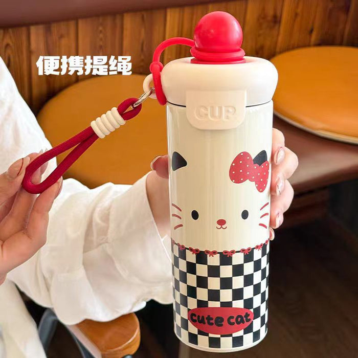 Wholesale 316 Stainless Steel Cute Cat Design Insulated Straw Water Bottle For Students With Carrying Strap