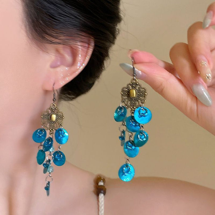 Wholesale Silver Needle Diamond Crystal Diamond Tassel Earrings High Sense Earrings Ethnic Style Retro Earrings