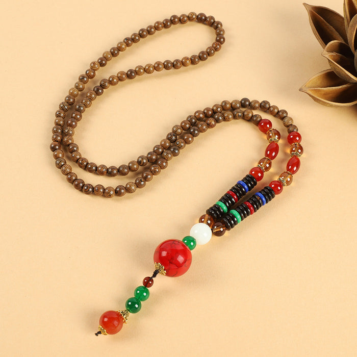 Wholesale Long Cotton and Linen Accessories Wooden Pendant Buddhist Beads Necklace JDC-NE-Luox003