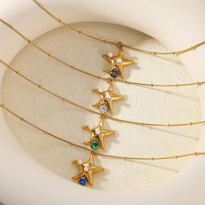 Wholesale Elegant Necklace Five-pointed Star Zircon Pearl Clavicle Chain  Titanium Steel