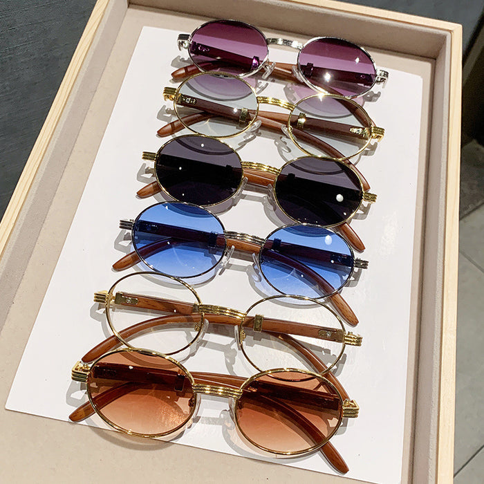 Wholesale  vintage imitation wood grain sunglasses men's oval sunglasses women's trendy  UV protection sunglasses