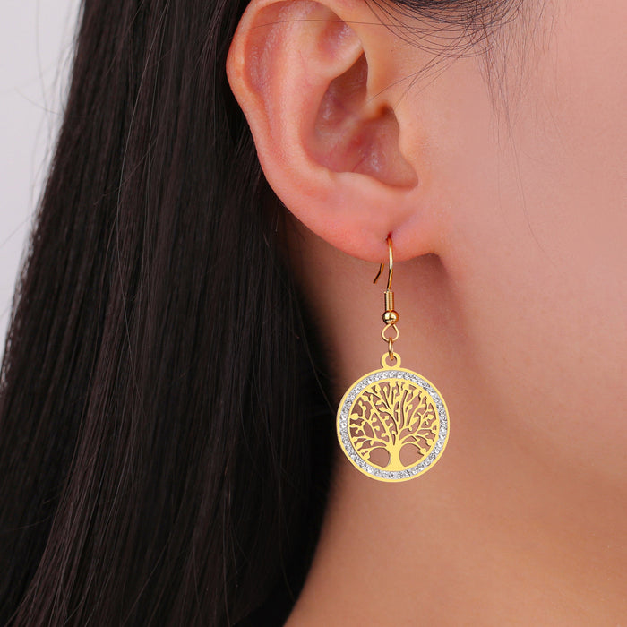 Wholesale Diamond-studded tree round pendant earrings stainless steel women's jewelry