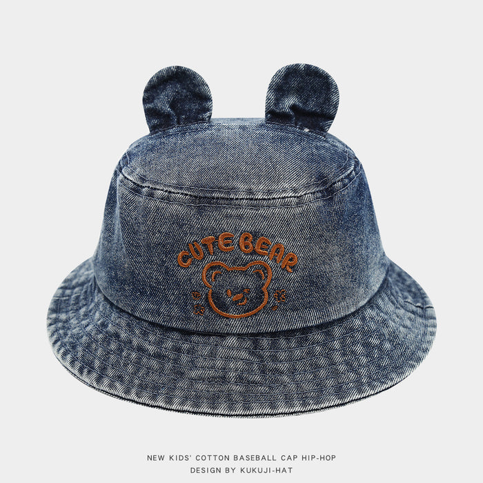 Wholesale Cartoon Letter Bear Denim Kids Bucket Hat Light Blue Sun Hat For Toddlers Casual Fashion Accessory