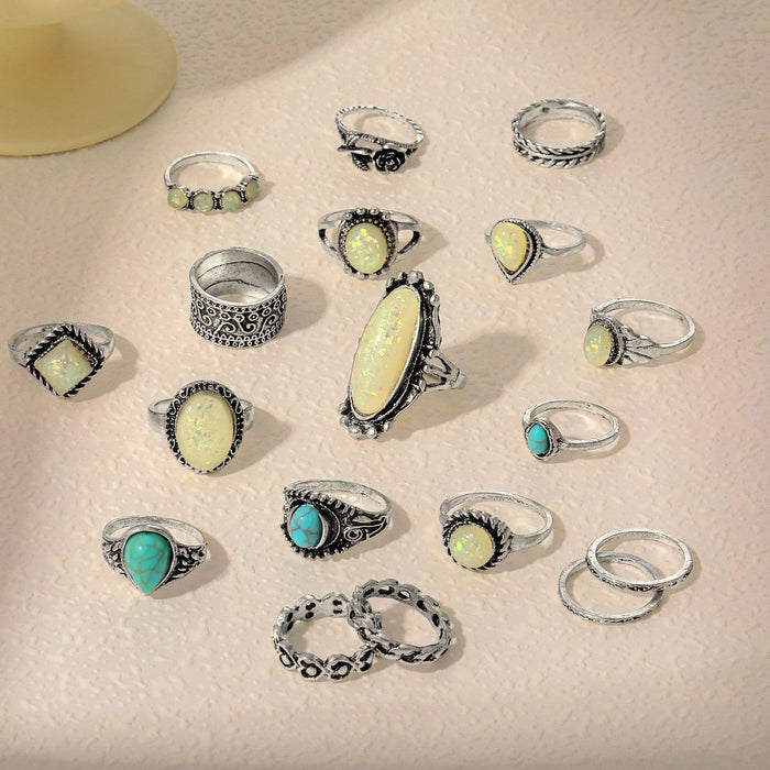 Wholesale Retro Turquoise Gemstone 18-Piece Set Rings
