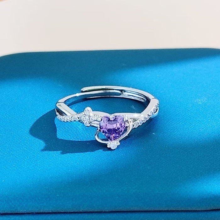Wholesale Pink heart-shaped zircon open ring, light luxury sweetheart amethyst ring