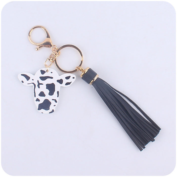 Wholesale Cartoon Western Bull Head Wooden Pendant Creative Colorful Long Tassel Key Ring Pendant