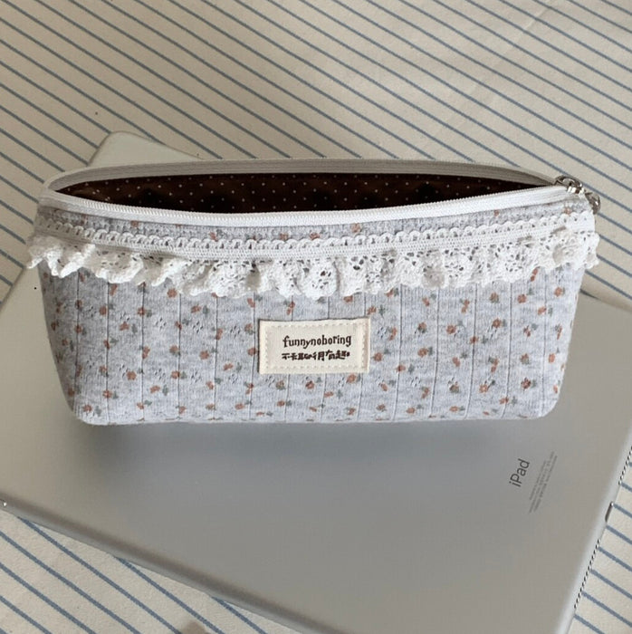 Wholesale Canvas Cream Floral Pencil Case Large Capacity Makeup Bag