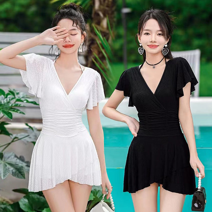 Wholesale Swimsuit women's polyester one-piece solid color elegant waist-tight Conservative slimming skirt steel bracket gathered meat-covering hot spring swimsuit