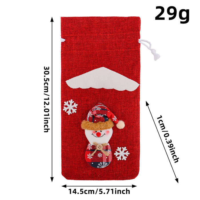 Wholesale Christmas linen old man figurine wine bottle cover holiday hotel dining table cartoon three-dimensional drawstring wine bag
