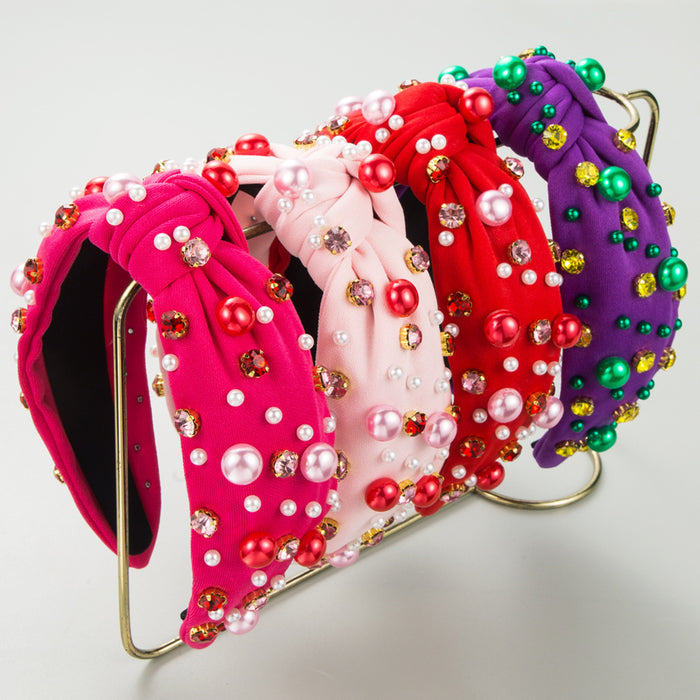 Wholesale Valentine' s Day pearl and rhinestone headband with knotted fabric design
