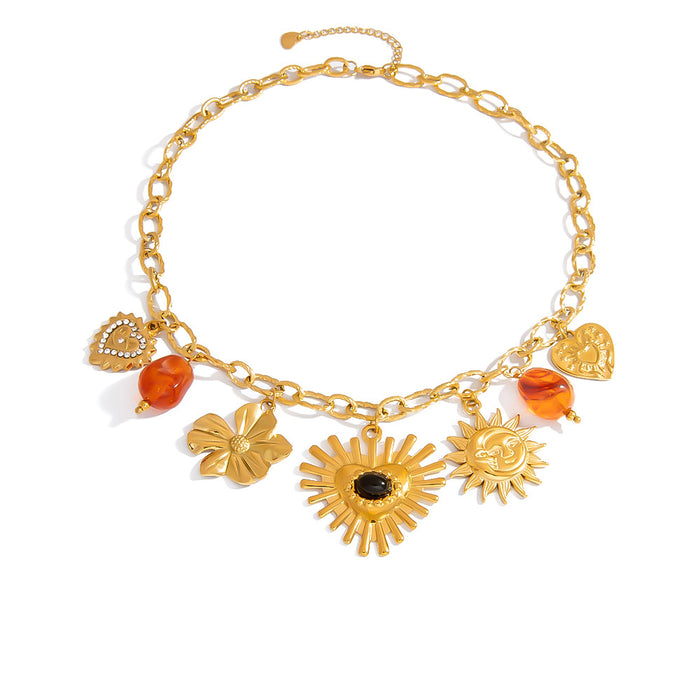 Wholesale Stainless steel necklace exaggerated love big sun resin inlaid natural stone pendant waterproof clavicle chain