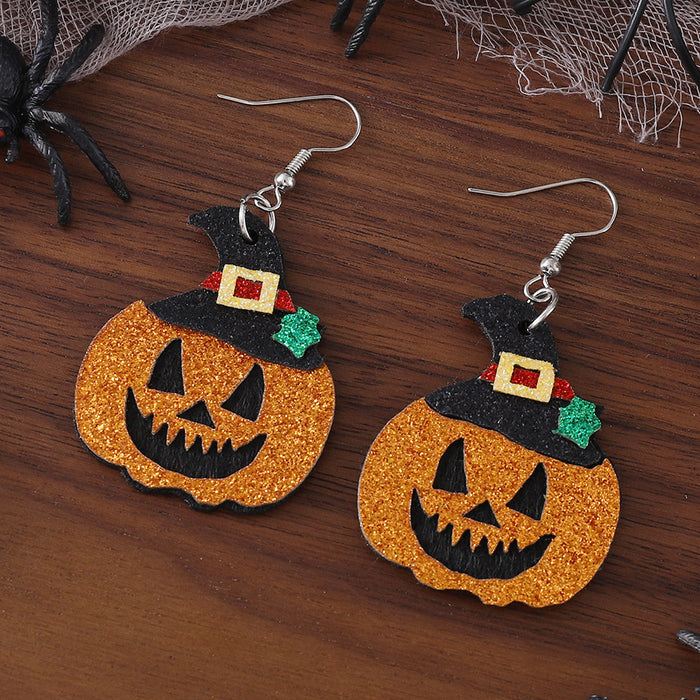 Wholesale New  Goggy Pumpkin Sequins Pendant Earrings PU Leather Gothic Double Sided Earrings