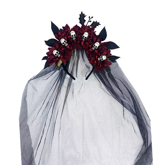 Wholesale Dark Style  Witch Mesh Headband With Skull Buckle And Faux Flower For Party Costume Accessory Resale