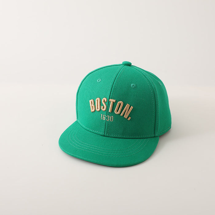 Wholesale Trendy Kids Embroidered Letter Flat Brim Baseball Cap Unisex Green Boston Sunscreen Casual Resale Accessory