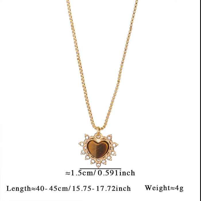 Wholesale Simple natural stone heart necklace versatile and high-end stainless steel necklace paired with blue pine tiger eye stone