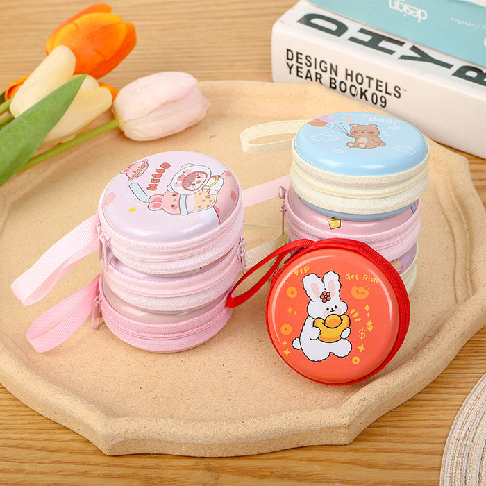 Wholesale Creative Round Tinplate Coin Purse Mini Cartoon Zipper Data Cable Storage Bag Headset Keychain Small Wallet